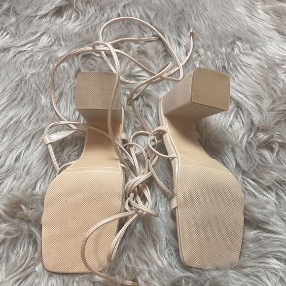 Lhamo Latso Lace Up Strappy Nude Block High Heels Square Open Toe Chunky Sandal - Picture 6 of 13